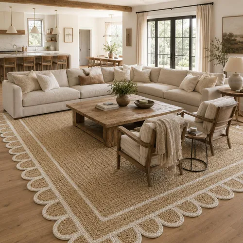 Vista 13 de Alfombra festoneada de yute natural, base natural con ribete blanco hueso, alfombra bohemia de granja hecha a mano con respaldo antideslizante