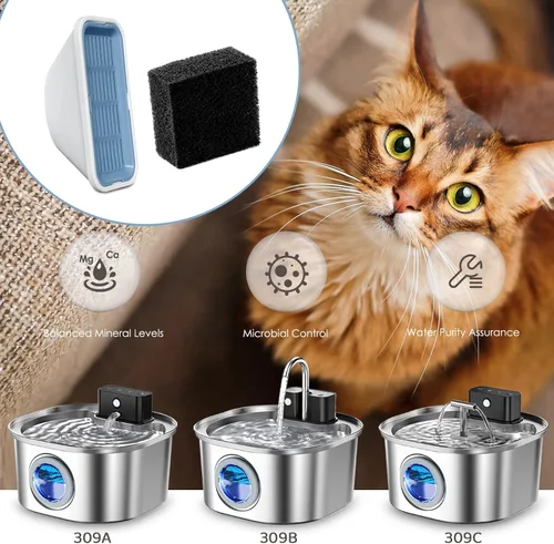 Vista 5 de Paquete de 20 filtros de repuesto para fuente de agua para gatos para fuentes de agua de acero inoxidable de 108 oz/3.2L 309A/309B/309C, 10 filtros