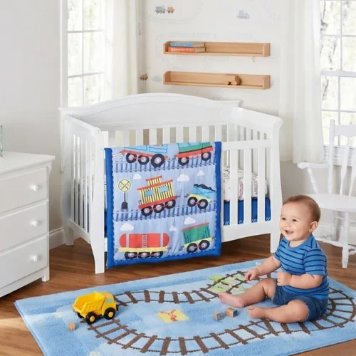 Vista 3 de EVERYDAY KIDS Juego de cama de 4 piezas para cuna de niños - Tren Choo Choo - Incluye edredón, sábana ajustable, volante antipolvo y apilador