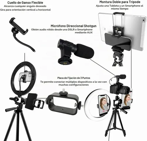 Vista 5 de Acuvar Kit de vlogging premium de 9 piezas para iPhone, Android y cámaras, micrófono, soporte de trípode y luz LED, paquete de YouTube, TikTok