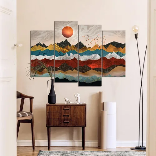Vista 3 de Lienzo grande de 4 piezas de arte de las montañas preciosas coloridas imágenes de paisaje giclée, arte de pared de mediados de siglo, decoración