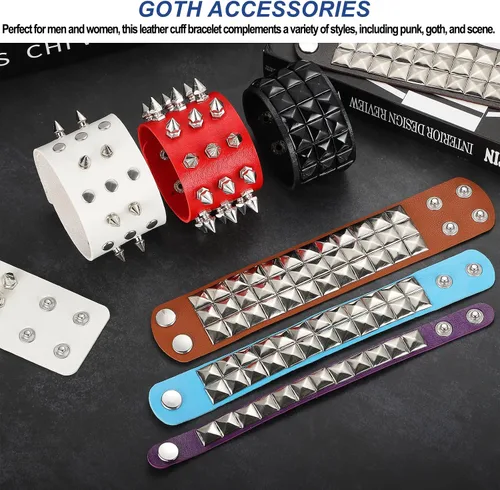 Vista 4 de MECCANIXITY 2 pulseras punk de cuero de 8.7 pulgadas/8.7 in en capas de remaches cuadrados, pulseras
