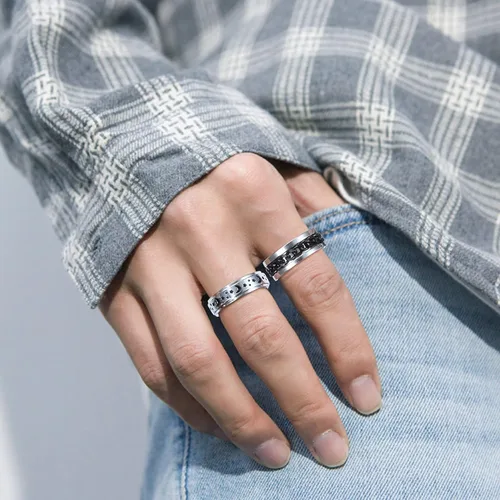 Vista 5 de Sanfenly Juego de 9 anillos antiestrés para la ansiedad para mujeres y hombres cadena fría de acero inoxidable con incrustaciones de luna sol