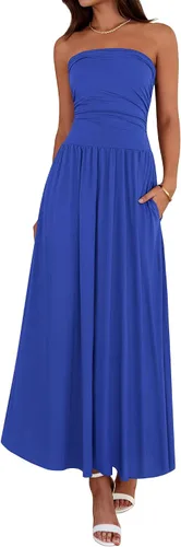 Vista 9 de BTFBM Vestidos largos de verano para mujer, vestido sin tirantes Marrón