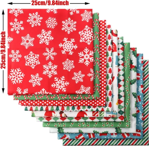 Vista 3 de Tatuo 10 Piezas de Tela de Algodón Cuadrada para Navidad, Precortada, Patchwork, Copo de Nieve, Impresión Roja y Verde, para Costura Navideña