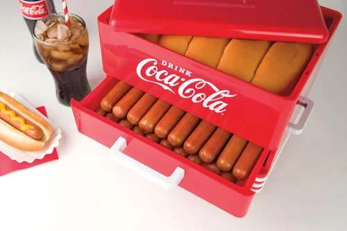 Vista 4 de Nostalgia Vaporizador y calentador de bollos para perros calientes de Coca-Cola extra grande, máquina de palomitas de maíz rojo y palomitas de maíz
