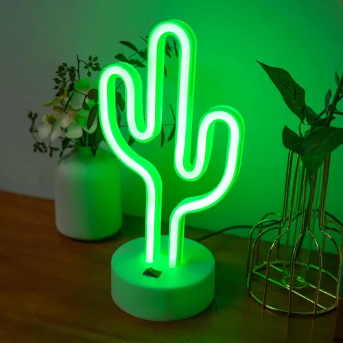 Vista 2 de Luces de neón de cactus verdes con base de soporte, letreros de neón de cactus para dormitorio, mesa, bar, cumpleaños, decoración de Navidad, verano