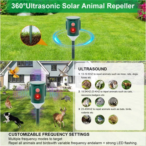 Vista 4 de Repelente solar ultrasónico de animales para exteriores, disuasorio de plagas activado por movimiento de 360° con luz estroboscópica, protección