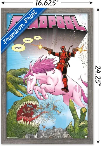 Vista 3 de Marvel Comics Deadpool - Póster de pared de unicornio, 22.4 pulgadas de largo x 14.7 pulgadas de ancho, versión enmarcada de madera de granero
