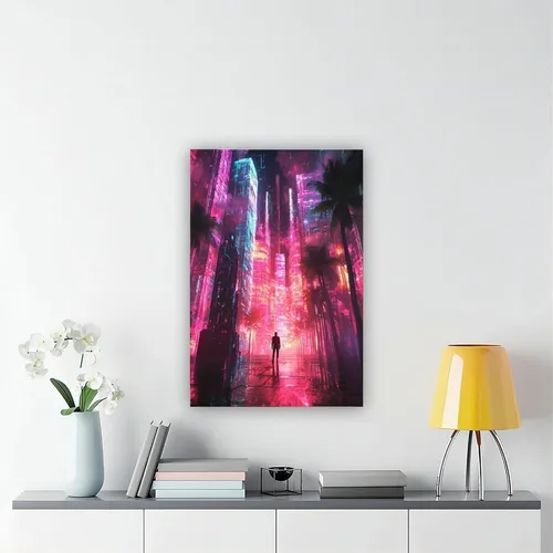 Vista 6 de XAHOR Póster estético Vaporwave - Impresión artística retro Cyberpunk con ciudad neón y palmeras, lienzo decorativo y arte de pared, póster moderno