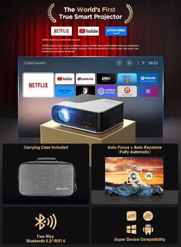Vista 2 de [Auto Focus/Auto Keystone] Proyector inteligente con WiFi y Bluetooth, Dolby Audio, DBPOWER Native 1080p Projector, proyector de película 600ANSI