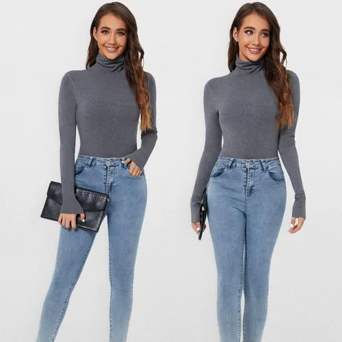 Vista 5 de SIMIYA Camisas de manga larga con cuello alto para mujer, para otoño, invierno, a la moda, elástica, capa base, ropa interior térmica