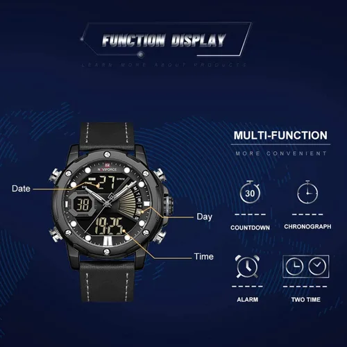 Vista 3 de NAVIFORCE Relojes digitales militares para hombre analógicos de cuarzo resistente al agua luminoso reloj deportivo de cuero multifuncional