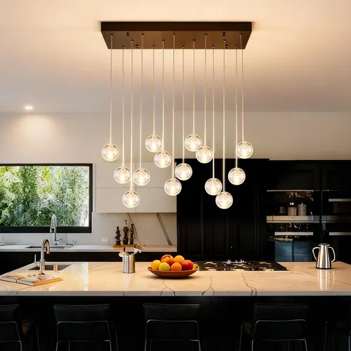 Vista 10 de Lámparas colgantes de oro cepillado de 4 luces para isla de cocina moderna, lámparas colgantes de globo de cristal para comedor sobre mesa, lámparas