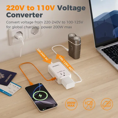 Vista 4 de TESSAN - Convertidor de voltaje compacto de 220 V a 110 V de EE. UU. a Europa, adaptador de viaje universal con 2 salidas de CA y 2 USB (1 USB-C)