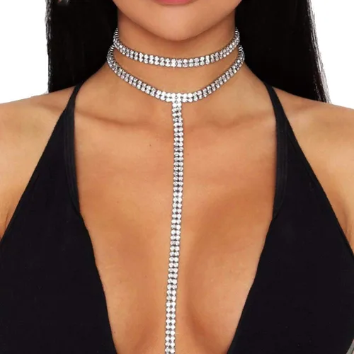 Vista 6 de Joygulls Gargantilla larga de múltiples capas sexy de doble capa de cristal completo con diamantes de imitación collar colgante collares