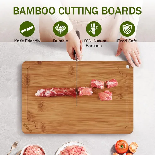 Vista 3 de Tablas de cortar de bambú para cocina, juego de tablas de cortar de madera con ranuras para jugos y asas incorporadas, fácil almacenamiento
