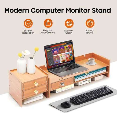 Vista 3 de Soporte para monitor con almacenamiento, elevador de monitor de computadora con cajones, organizador de escritorio con almacenamiento, 18.9 x 7.9 x