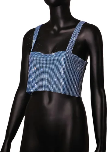 Vista 3 de Camiseta sin mangas sexy con diamantes de imitación brillantes para mujer, camiseta sin mangas, joyería corporal para club, festival, baile