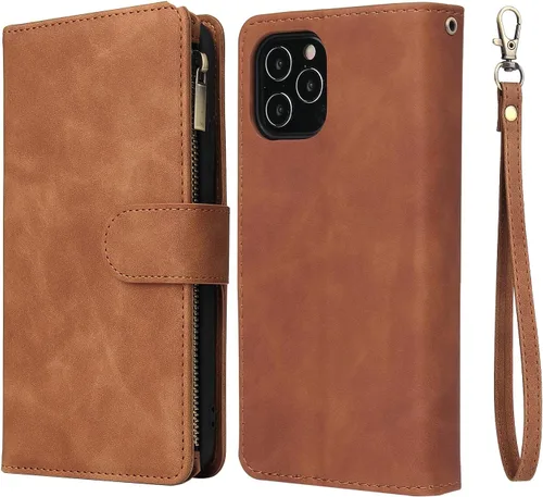 Vista 7 de UEEBAI Funda tipo cartera para iPhone 12 Mini, piel sintética, cierre magnético, correa de mano, múltiples ranuras para tarjetas, soporte de Marrón