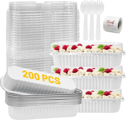Vista 22 de Paquete de 100 mini moldes para pan de Navidad con tapas, mini moldes para pasteles con tapas y cucharas, moldes de papel de aluminio de 6.8 onzas