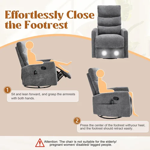 Vista 7 de Luxlen Silla reclinable giratoria manual con masaje, deslizador reclinable sobrerelleno con masaje por vibración y calor para guardería, sala