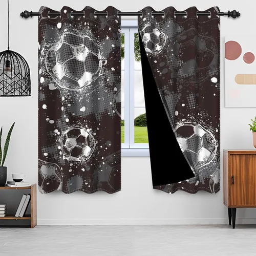Vista 2 de Cortinas opacas de fútbol para dormitorio de niños, con temática deportiva, para sala de fútbol, cortinas de fútbol en blanco y negro