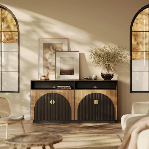 Vista 51 de BELLEZE Centro de entretenimiento modular de 4 piezas con almacenamiento, 2 vitrinas de madera moderna con gabinete arqueado y 2 armarios de puerta