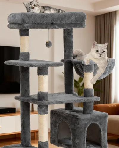 Vista 3 de Árbol para gatos de 54 pulgadas, torre alta para gatos con hamaca, condominio y almohadilla para rascar, casa para gatos con percha de felpa