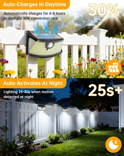 Vista 5 de Aootek Luces solares con sensor de movimiento, 120 luces LED con reflector de luces, gran angular de 270°, impermeable IP65, luces de paso