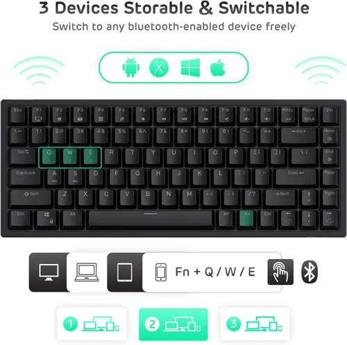 Vista 5 de RK ROYAL KLUDGE RK84 80% RGB triple modo BT5.02.4Gteclado mecánico con cable de intercambio rápido, teclado inalámbrico de 84 teclas, Bluetooth