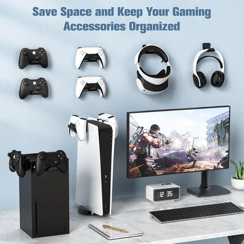 Vista 2 de KUNSLUCK 6 Pack Controller Wall Mount Universal Game Controller Holder for PS5, Xbox, Switch Adhesive or Screw Installation Headset & Controller