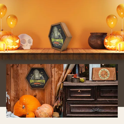 Vista 4 de Wall Things Co. RIP - Letrero hexagonal de noche de Halloween, madera para sala de estar, cocina, dormitorio, arte de pared para colgar