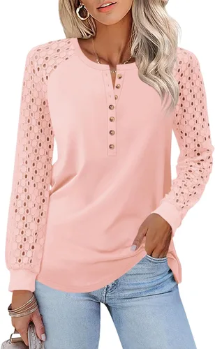 Vista 12 de Minetom Camisetas de manga larga con encaje para mujer, blusas casuales