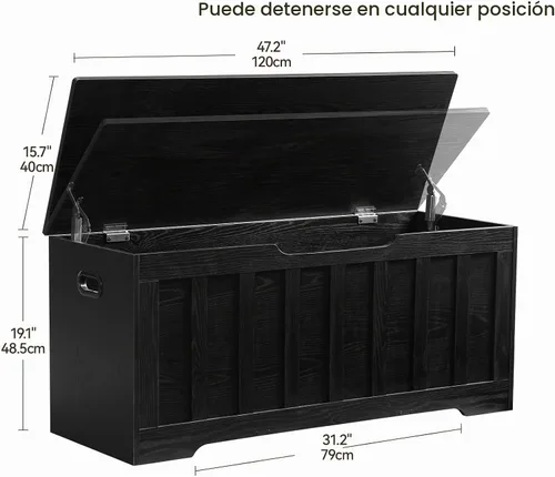 Vista 2 de VANKILEY Baúl de almacenamiento extragrande de 43.3 pulgadas, baúl de almacenamiento con 2 bisagras de seguridad, banco de almacenamiento de madera