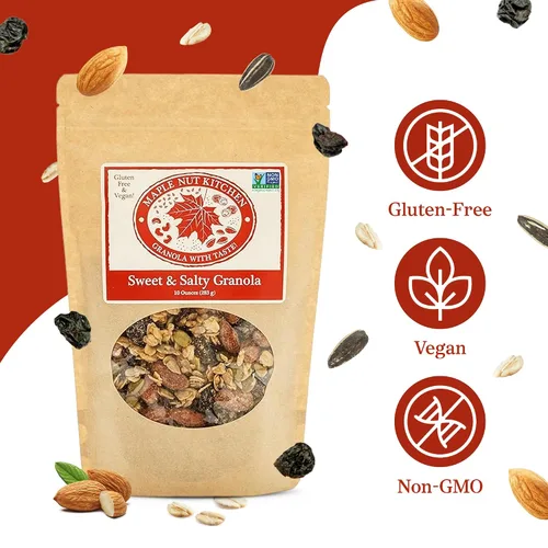 Vista 3 de Maple Nut Kitchen Granola dulce y salada - Sin gluten y vegana Nutty Bliss con almendras de arce, chocolate y cerezas 10 onzas