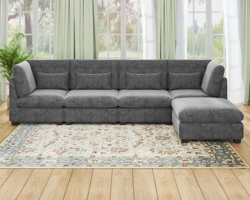 Vista 23 de Sofá Modular de Tamaño Grande, Sofá Seccional de Chenilla Cloud Extra Profundo con Chaise Otomana, Sofá Cama de Chenilla Esponjosa de 5 Asientos