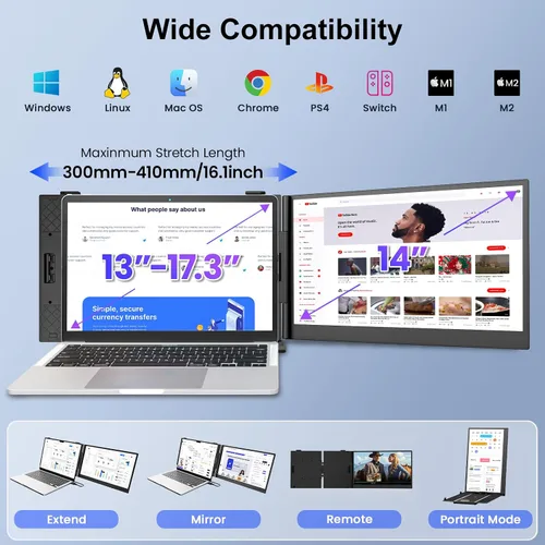 Vista 7 de Extensor de pantalla para laptop, monitor portátil FHD 1080P IPS de 14 pulgadas para laptop, ultrafino de 0.17 pulgadas y 1.3 libras, pantalla dual