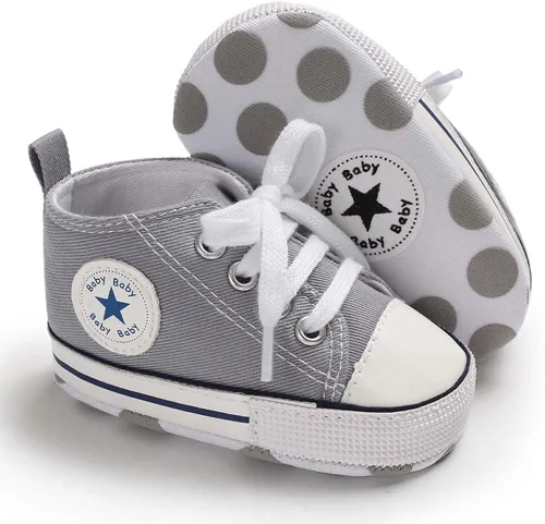 Vista 4 de KIDSUN - Zapatos deportivos unisex de caña alta para bebés, mezclilla de lona, suela antideslizante, suaves, para los primeros pasos