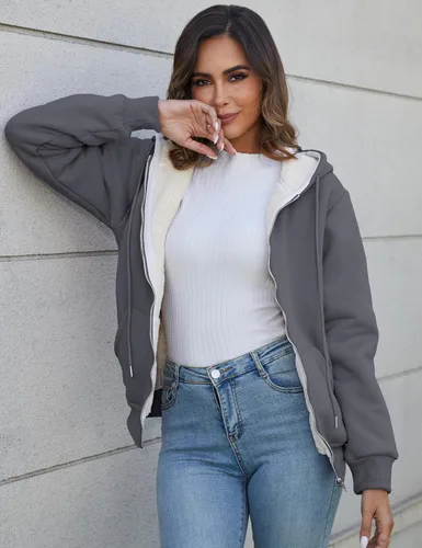 Vista 6 de Flygo Sudadera con capucha para mujer, con cremallera, forro polar, tipo sherpa, abrigada, chaqueta de invierno Gris ceniza