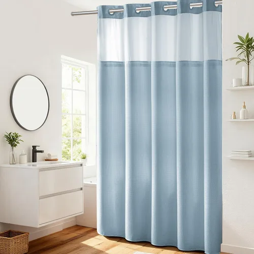 Vista 19 de Cortina de baño River Dream de gran peso sin ganchos necesarios con diseño de gofre punteado y forro a presión - 36W x 74H, de calidad hotelera