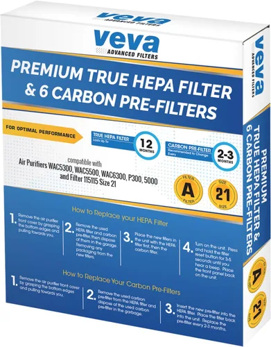 Vista 8 de Verdadero filtro HEPA premium con 6 prefiltros de carbón activados compatibles con purificador de aire 115115 Tamaño 21, Filtro A y Purificador