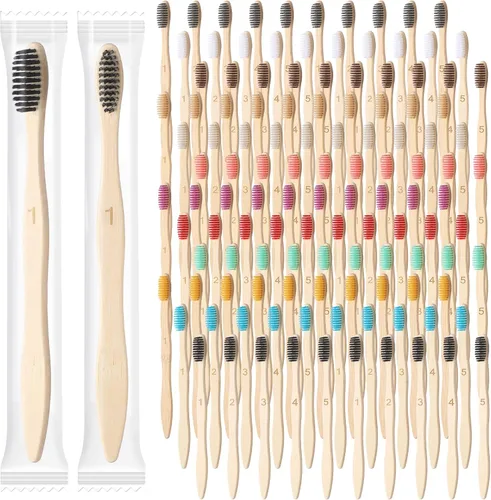 Vista 8 de Sieral 60 cepillos de dientes de bambú a granel cerdas suaves envueltos individualmente, cepillo de dientes de madera natural para personas sin