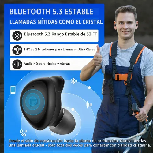 Vista 3 de PROHEAR EP03 - Auriculares Bluetooth de Protección Auditiva - OSHA 25dB NRR, Verdaderamente Inalámbricos, Resistente con 2 Micrófonos ENC