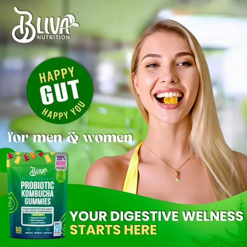 Vista 7 de BLIVA Gomitas probióticas de kombucha para hombres y mujeres - 60 gomitas Prebióticos, probióticos, postbióticos, corteza de olmo resbaladizo
