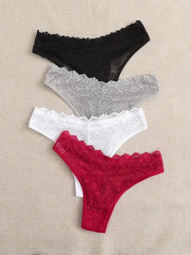 Vista 2 de MakeMeChic Conjunto de 4 tangas de encaje para mujer, de talle medio, con ribete festoneado