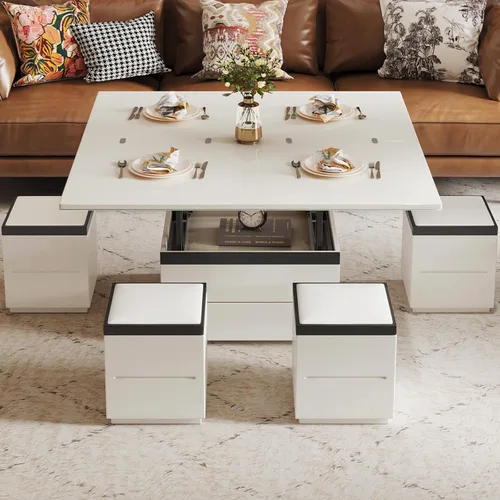 Vista 10 de Mesa de centro elevable con 4 taburetes de poliuretano, mesa de centro clásica de color negro con contraste marrón que se convierte en mesa