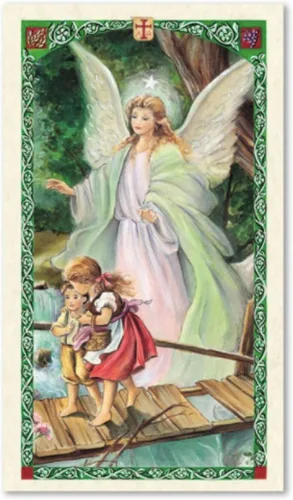 Vista 2 de H HOLLY LINES Tarjetas de oración de ángel de la guarda con imagen de ángel y niños en el puente, tarjetas sagradas laminadas, paquete de cinco