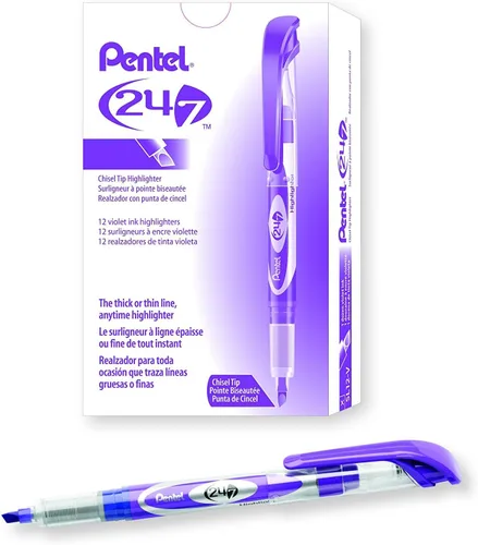 Vista 2 de Pentel Resaltador líquido con punta de cincel 24/7, tinta violeta, caja de 12 (SL12-V)