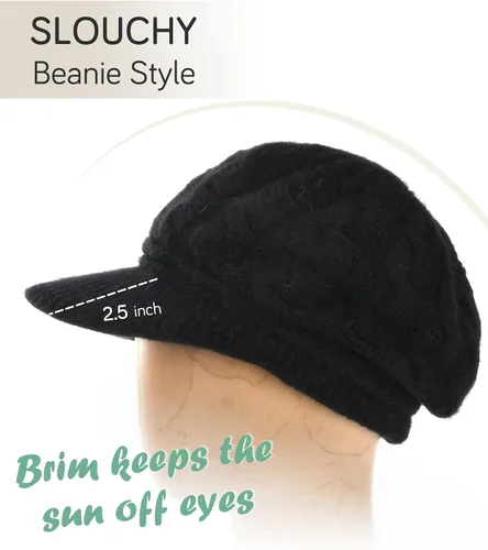 Vista 4 de FURTALK Gorros de punto de invierno con visera doble forro suave para mujer, cálidos y elegantes, gorros de nieve holgados